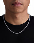 Model wearing 3mm white gold ice sparkler tennis chain set by Iceman Society, front view