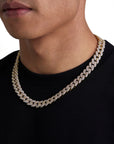 Model wearing 12mm 18K gold iceman cuban necklace by Iceman Society, side view