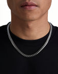 Model wearing 8mm white gold plain cuban necklace by Iceman Society