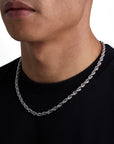 Model wearing 6mm white gold rope necklace by Iceman Society, side view