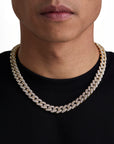 Model wearing 12mm 18K gold iceman cuban necklace by Iceman Society, front view