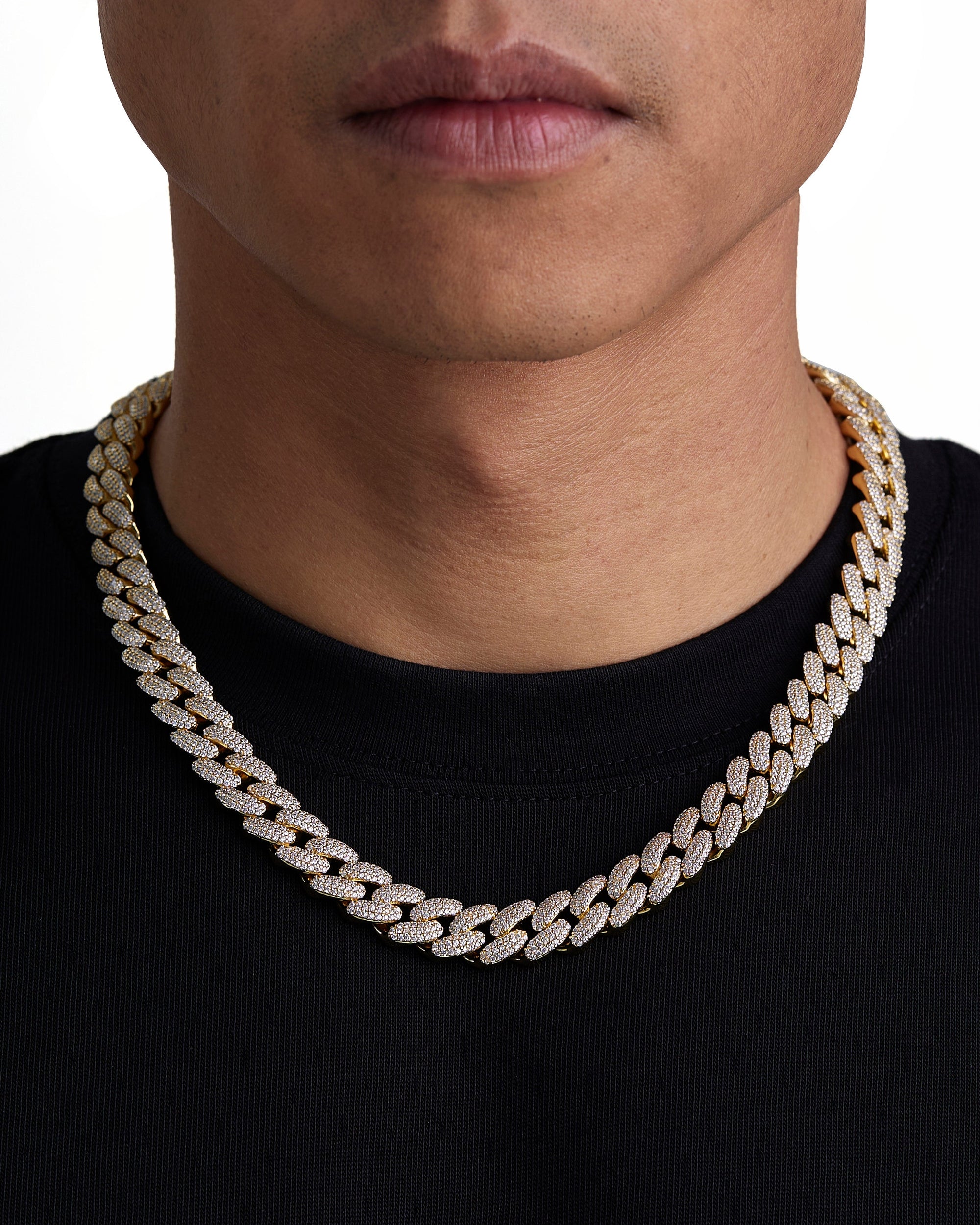 Model wearing 12mm 18K gold iceman cuban chain set by Iceman Society, front view