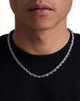 Model wearing 6mm white gold rope necklace by Iceman Society, front view