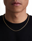 Model wearing 3mm 18k gold rope chain set by Iceman Society, front view